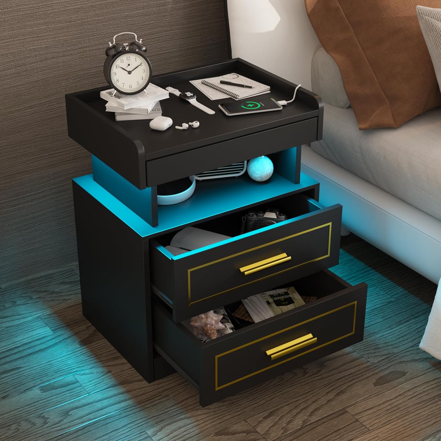 Black Nightstand with Charging Station and LED Lights, Night Stand with 2 Drawers, Modern Bedside Table with Pull-Out Shelf, Modern End Side Table for Bedroom