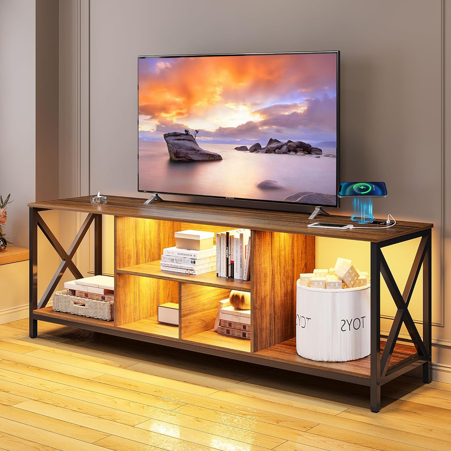 LED TV Stand with 3 LED Lights, Entertainment Center with Wireless/USB/Type-C Charging Station, Television Stands for 75+ Inch TV, TV Cabinet for Living Room/Bedroom/Office (Brown)