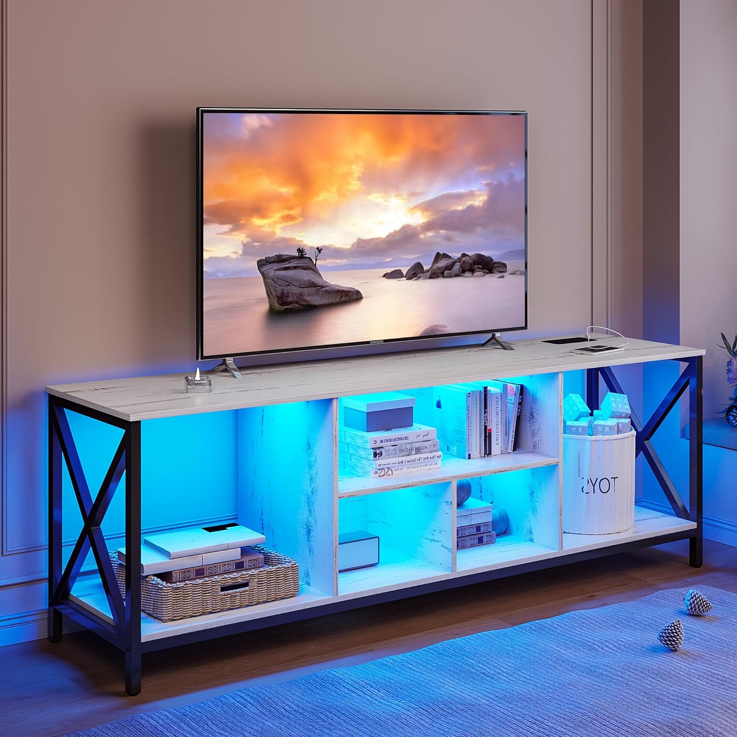 LED TV Stand with 3 LED Lights, Entertainment Center with Wireless/USB/Type-C Charging Station, Television Stands for 75+ Inch TV, TV Cabinet for Living Room/Bedroom/Office (White)