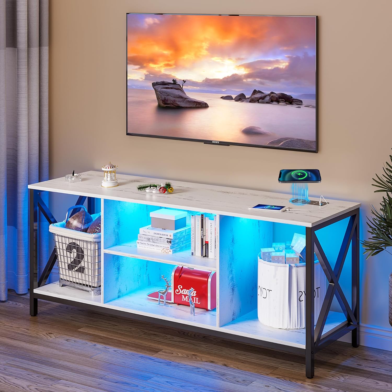 LED TV Stand with Auto LED Lights, Entertainment Center with Wireless/USB/Type-C Charging Station, Television Stands for 65  Inch TV, TV Cabinet with Adjustable Legs for Living Room(White)