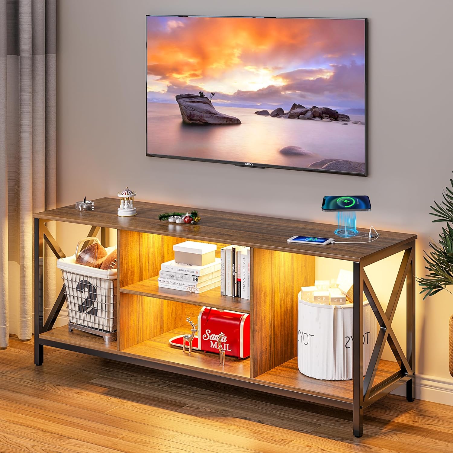 LED TV Stand with Wireless/USB/Type-C Charging Station, Entertainment Center with Auto LED Lights, Television Stands for 65  Inch TV, TV Cabinet with Adjustable Legs for Living Room(Brown)