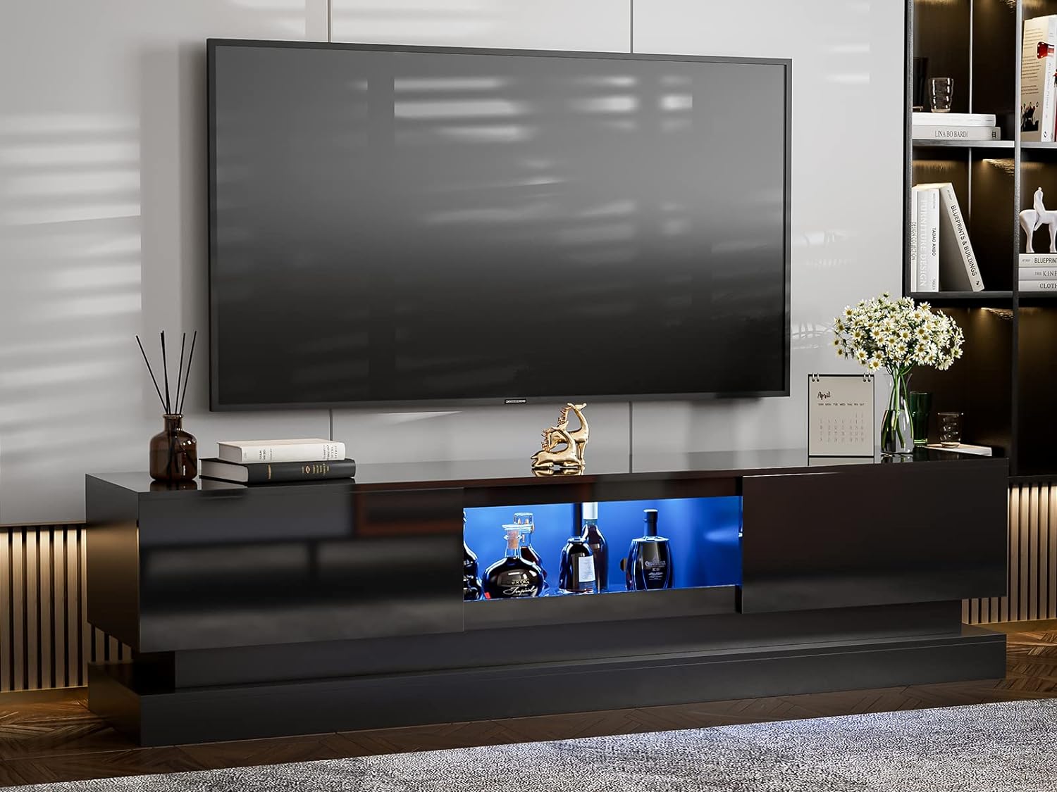 IKIFLY Modern LED TV Stand for 85  inch TV, Black Entertainment Center with Storage Cabinet and LED Lights for Living Room