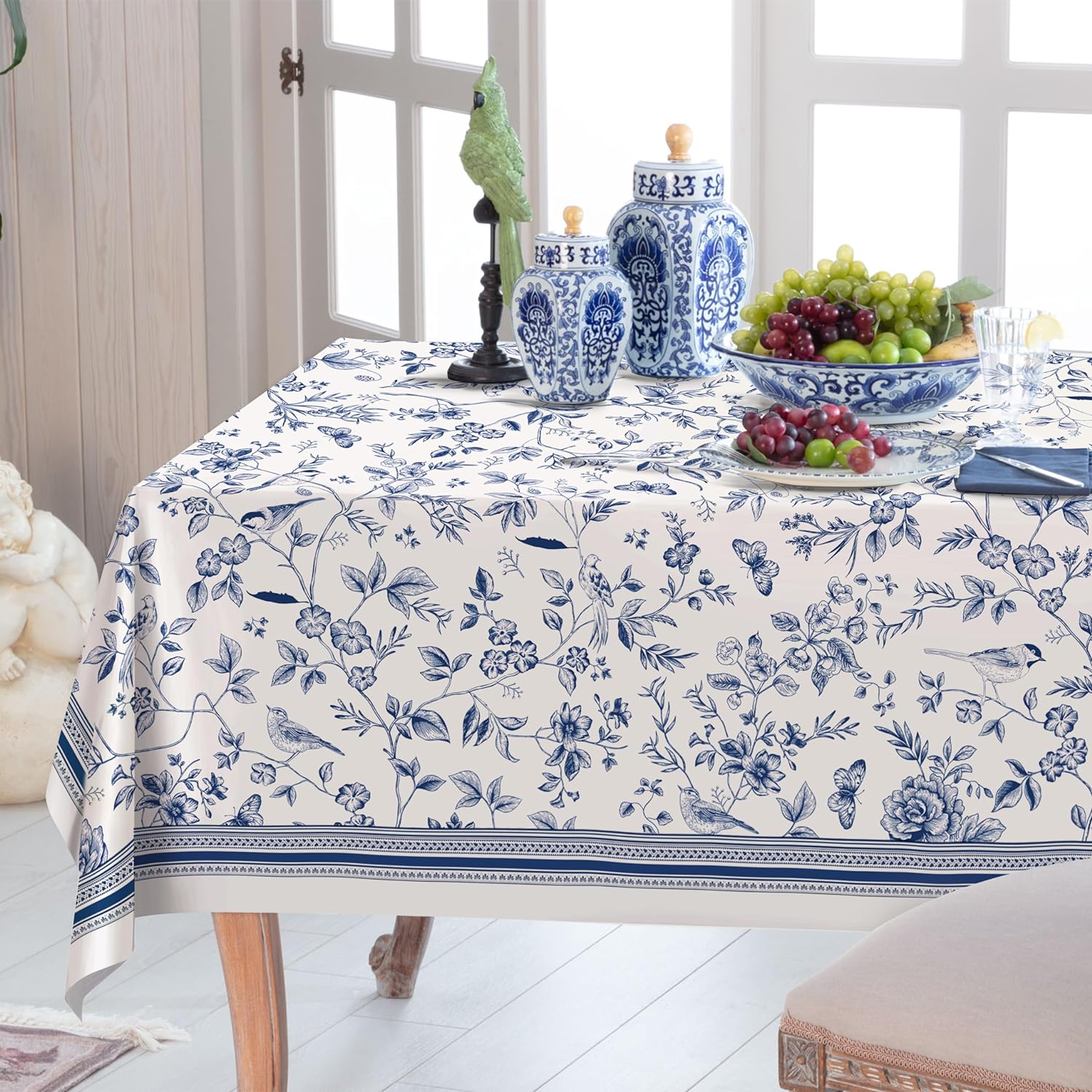 Rectangle Tablecloth French Navy Blue Floral Birds Table Cloth for Oblong Tables, Vintage Toile Hand Drawn Design Waterproof Tablecover 60 x 84 in, Perfect for Kitchen Dining Room