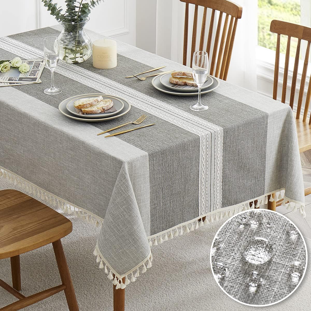 QIANQUHUI Embroidered Tablecloth for Dining Table,Dust Proof Spillproof Soil Resistant Cotton Linen Rectangle Table Cloths (Grey Lines, Rectangle/Oblong, 55'x70'', 4-6 Seats)