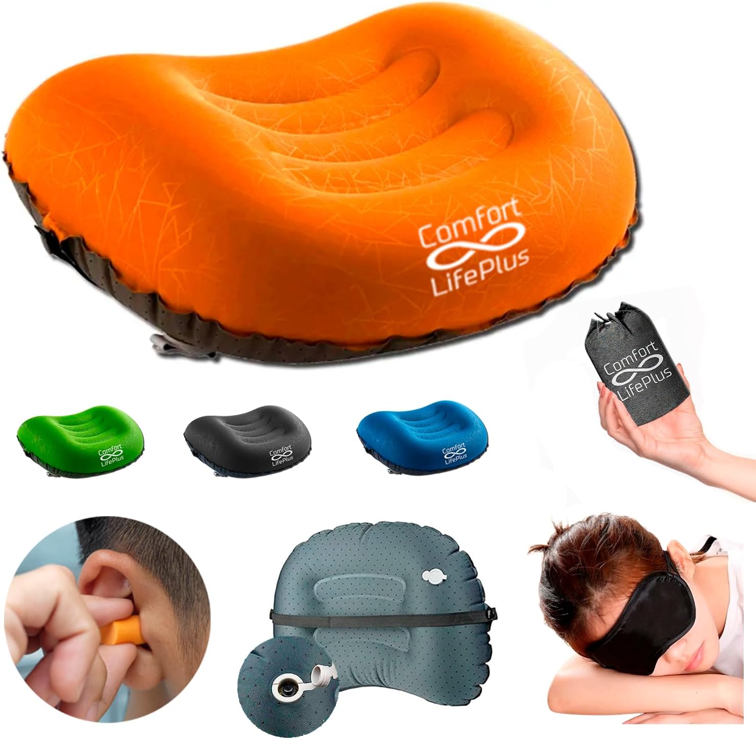 Ultralight Inflatable Camping Travel Pillow - Compressible, Compact, Comfortable, Ergonomic Inflating Pillows for Neck & Lumbar Support, Camp, Hiking, Backpacking (Orange)