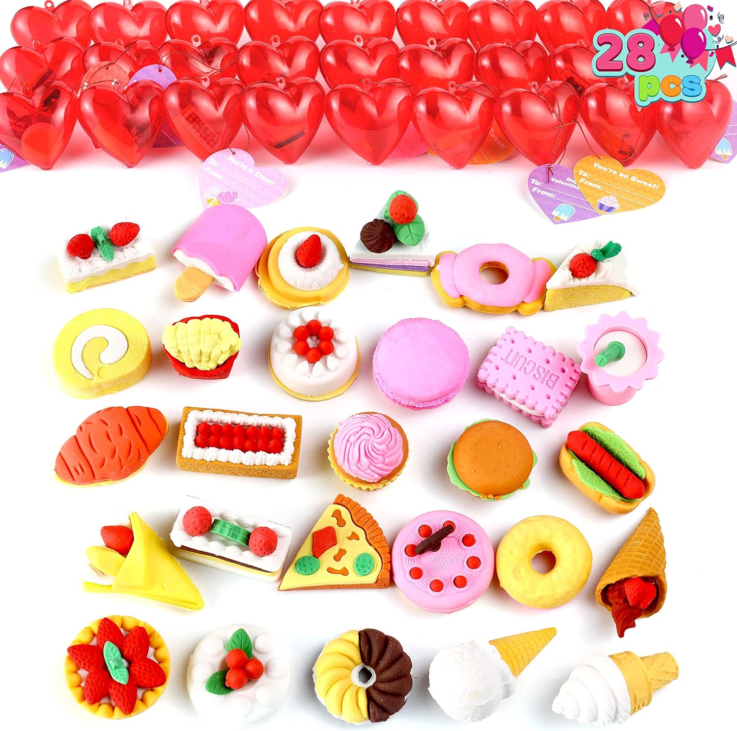 JOYIN 28 Pack Kids Valentine Party Favors Set with Valentine Eraser Bulk Filled Hearts and Valentine Cards for Kids Valentine Classroom Exchange Heart Valentine Eraser for Kids Valentine Prize (Food)