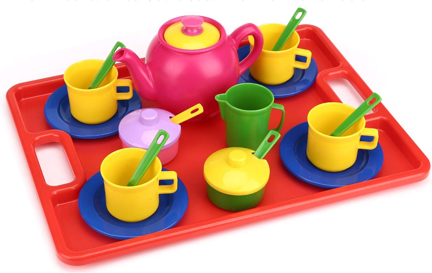 FLORMOON Toy Tea Set - 19pcs Pretend Play Tea Set - Durable Construction, Food-Safe Material, BPA Free, Phthalates Free - Learning Shapes & Colors Toy for Kids Children Tea Party and Fun