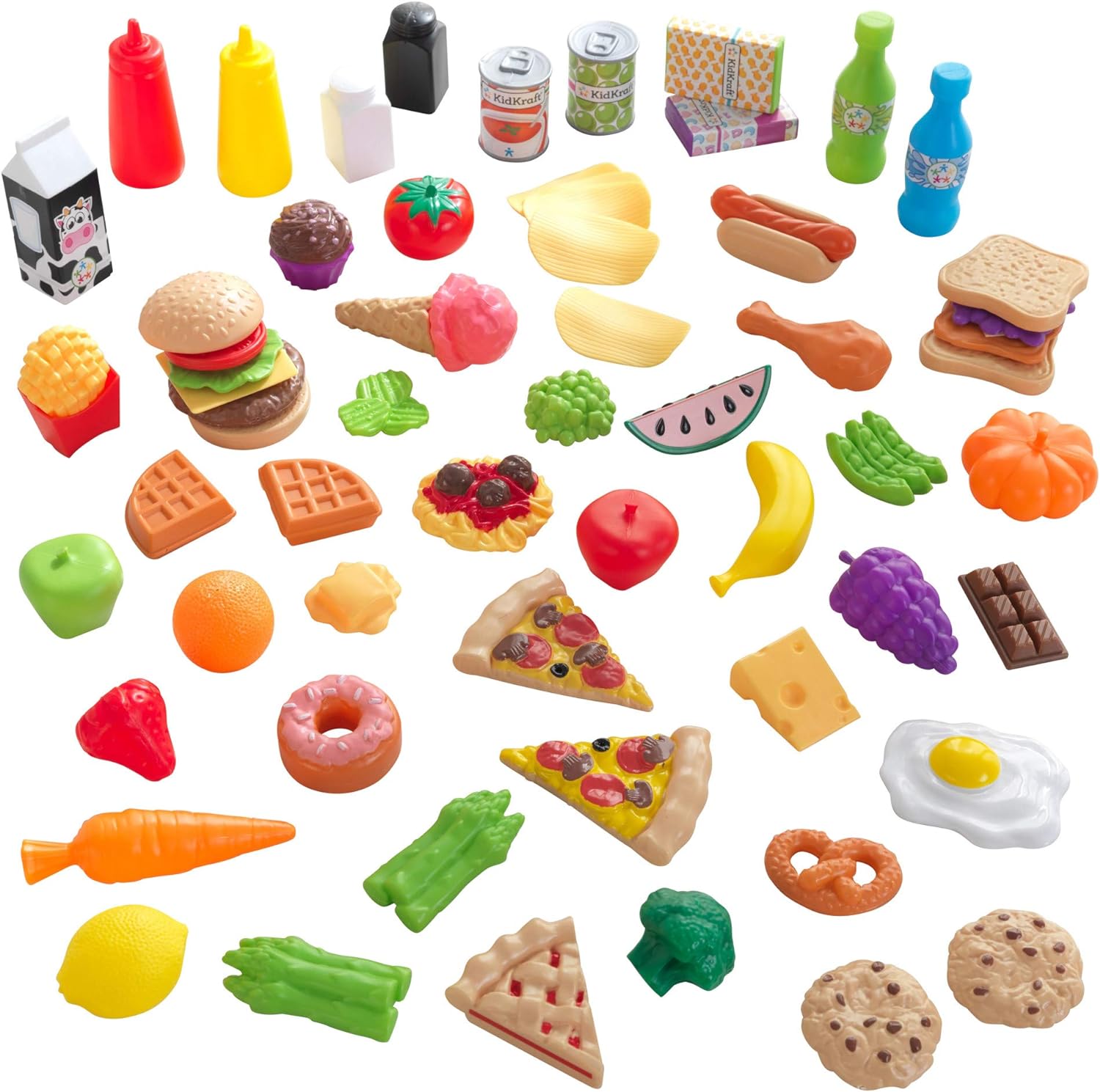 KidKraft 65-Piece Plastic Play Food Set for Play Kitchens, Fruits, Veggies, Sweets, Drinks and More, Gift for Ages 3+