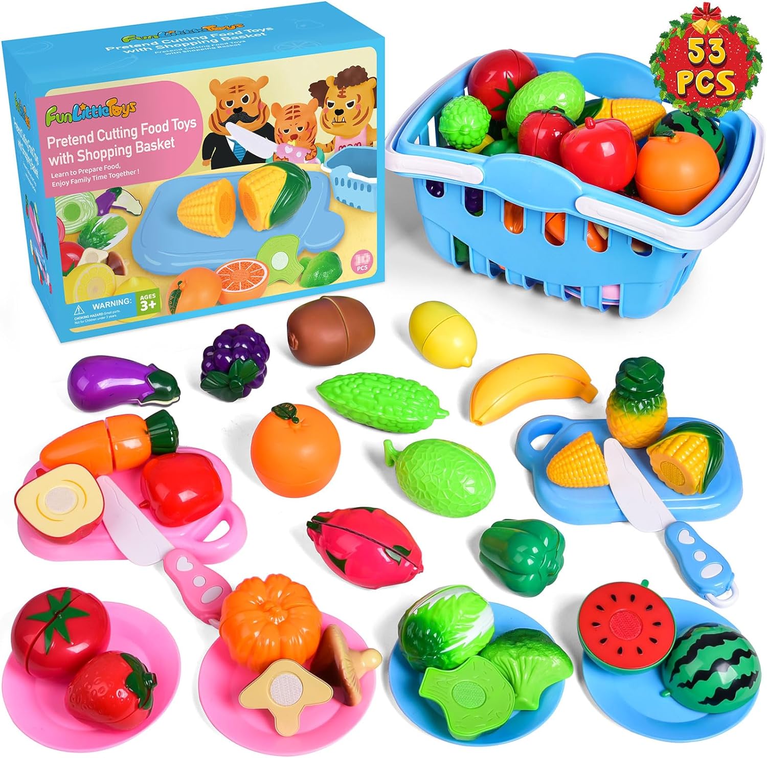 Play Food Toys for Kids, Cutting Play Food Toys Set with Shopping Basket, Play Food Sets for Kids Birthday Gifts, Fruit Cutting Toys for Kids