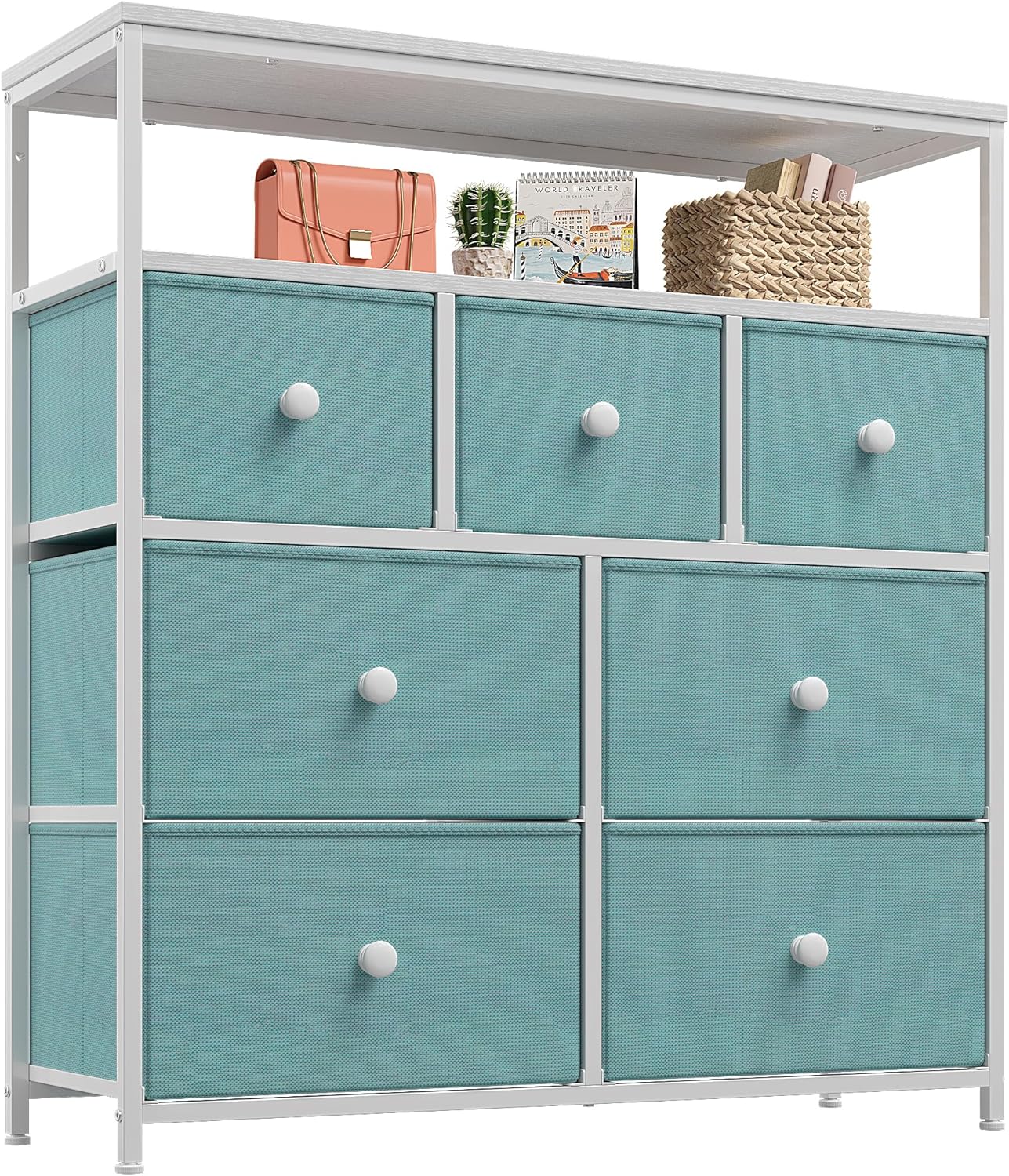 EnHomee Dresser for Bedroom with 7 Drawers and 2 Shelves, TV Stand Dresser with Wooden Top and Metal Frame, Tall Dressers & Chest of Drawers for Bedroom, Aqua