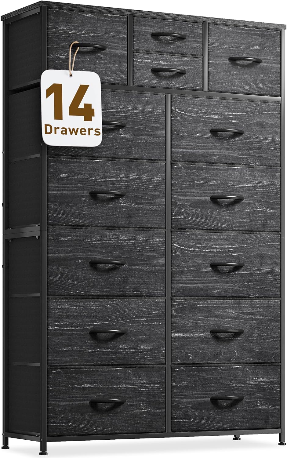 EnHomee Tall Dresser, Dresser for Bedroom with 14 Drawers, Tall Bedroom Dresser for Bedroom, Large Fabric Dresser with Wood Top and Metal Frame for Closets, Living Room, Entryway, Black