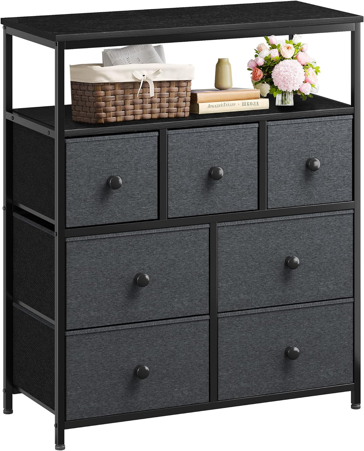 EnHomee TV Stand Dresser for Bedroom with Shelf, Black Dresser for Bedroom with 2 Shelves and Metal Frame, Tall Dressers for Bedroom, Closets, Dressers & Chest of Drawers, Black Grey