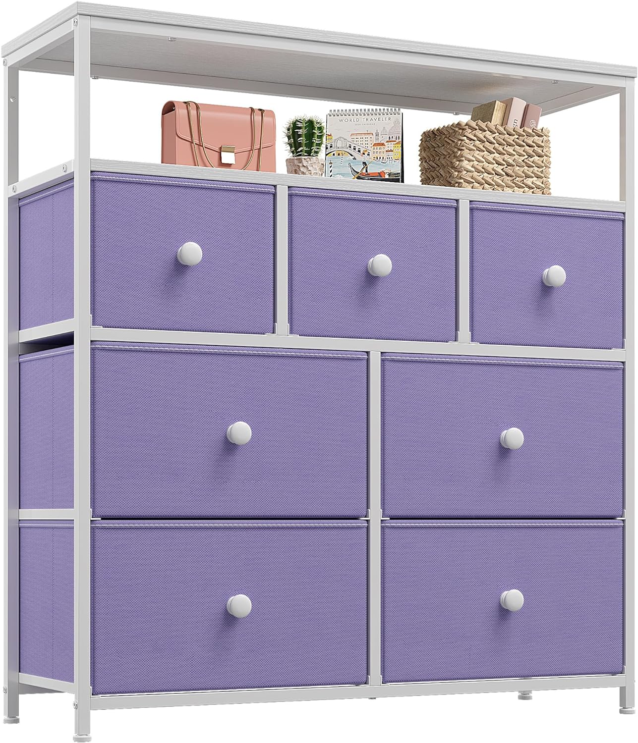 EnHomee Dresser, Dresser for Bedroom with 7 Drawers, Purple Dresser, Dresser TV Stand for Bedroom & Chests of Drawers, Dresser for Clothes Storage for Bedroom with Wooden Top and Metal Frame