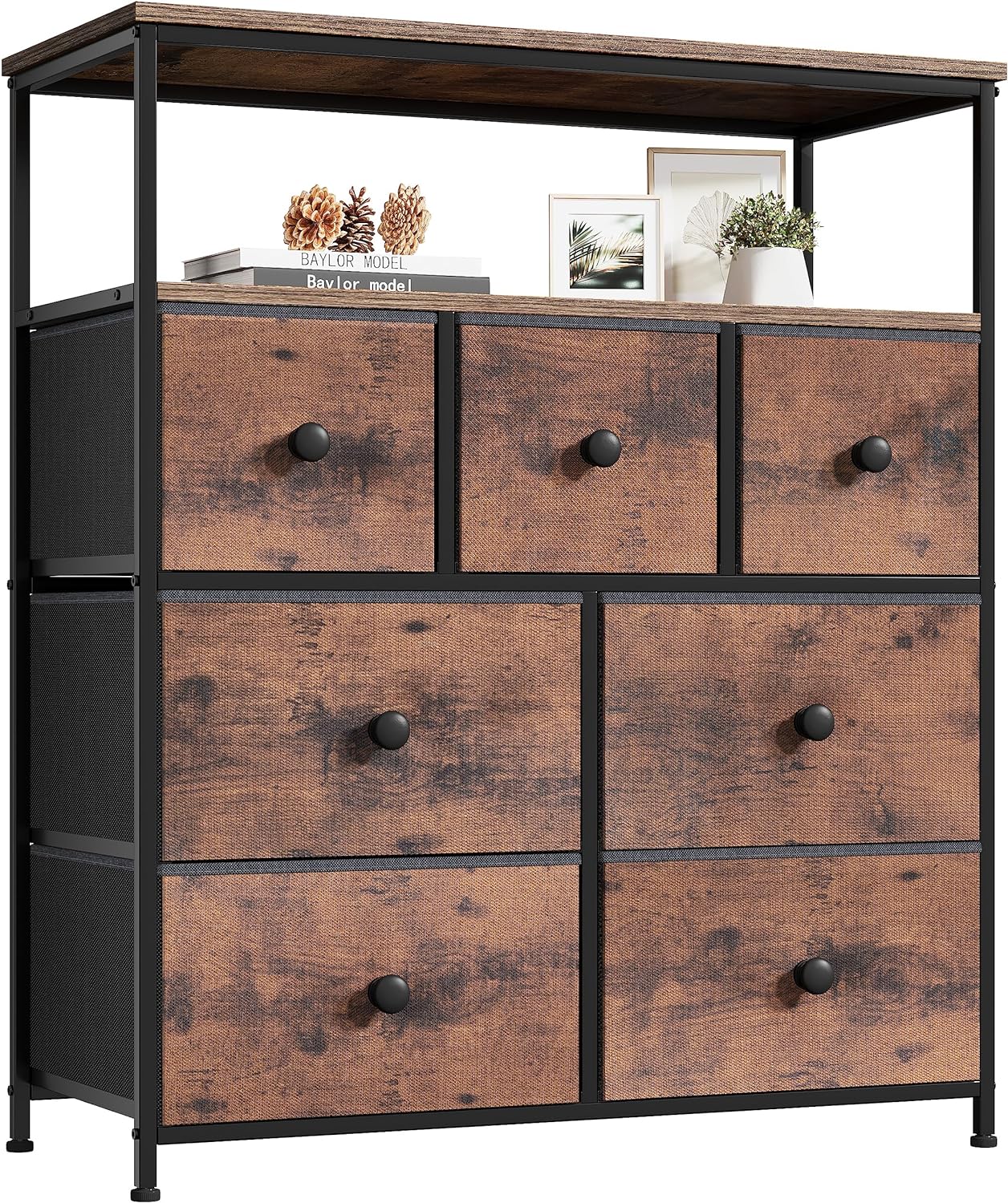 EnHomee Dresser, Dresser for Bedroom with 7 Drawers, Dresser TV Stand for Bedroom & Chests of Drawers, Fabric Dresser for Clothes Storage with Wooden Top and Metal Frame, Rustic Brown