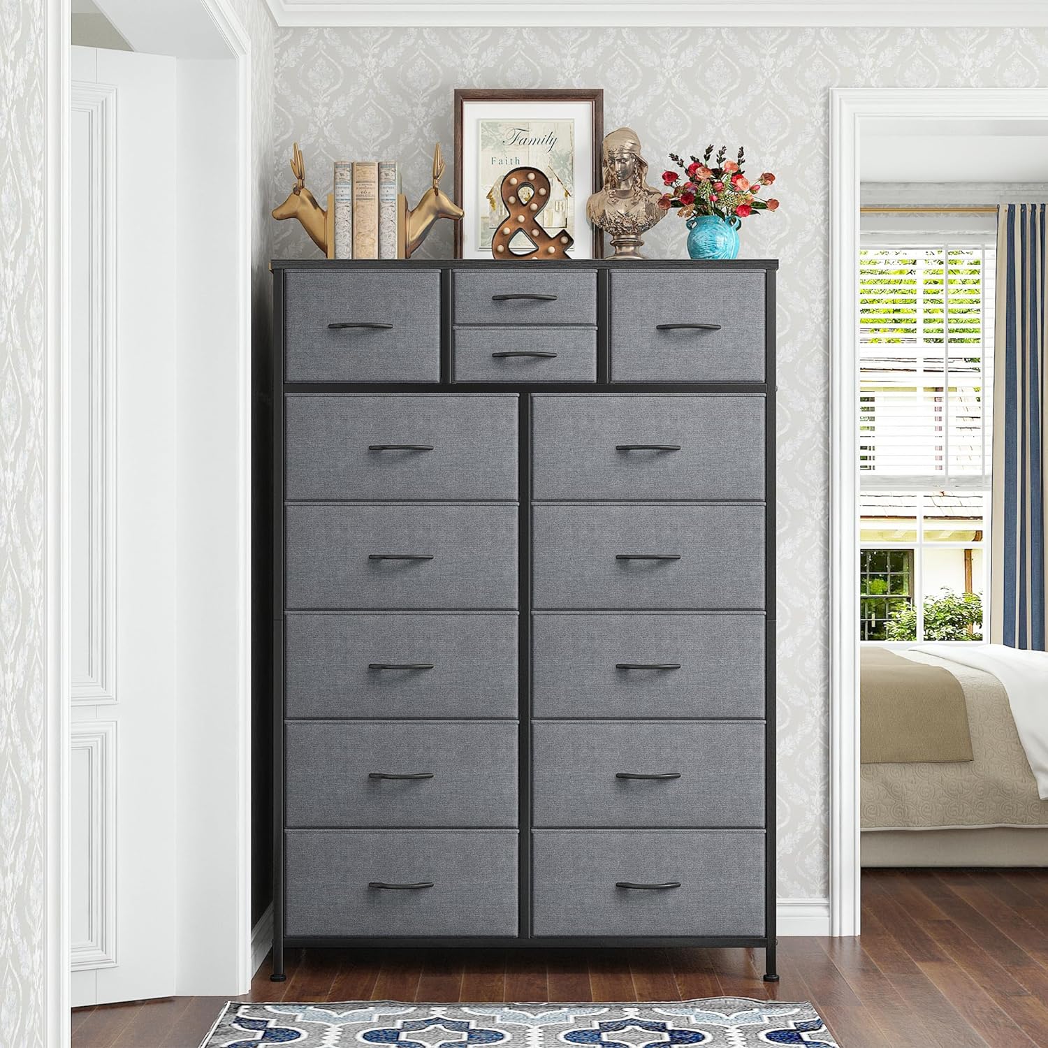 EnHomee 14 Drawer Dresser, Tall Dressers & Chest of Drawers, Fabric Dresser, Large Bedroom Dresser for Bedroom, Closets, Living Room, Entryway, Wooden Top, Metal Frame, 52.2H x 37.4W x 11.8D, Grey