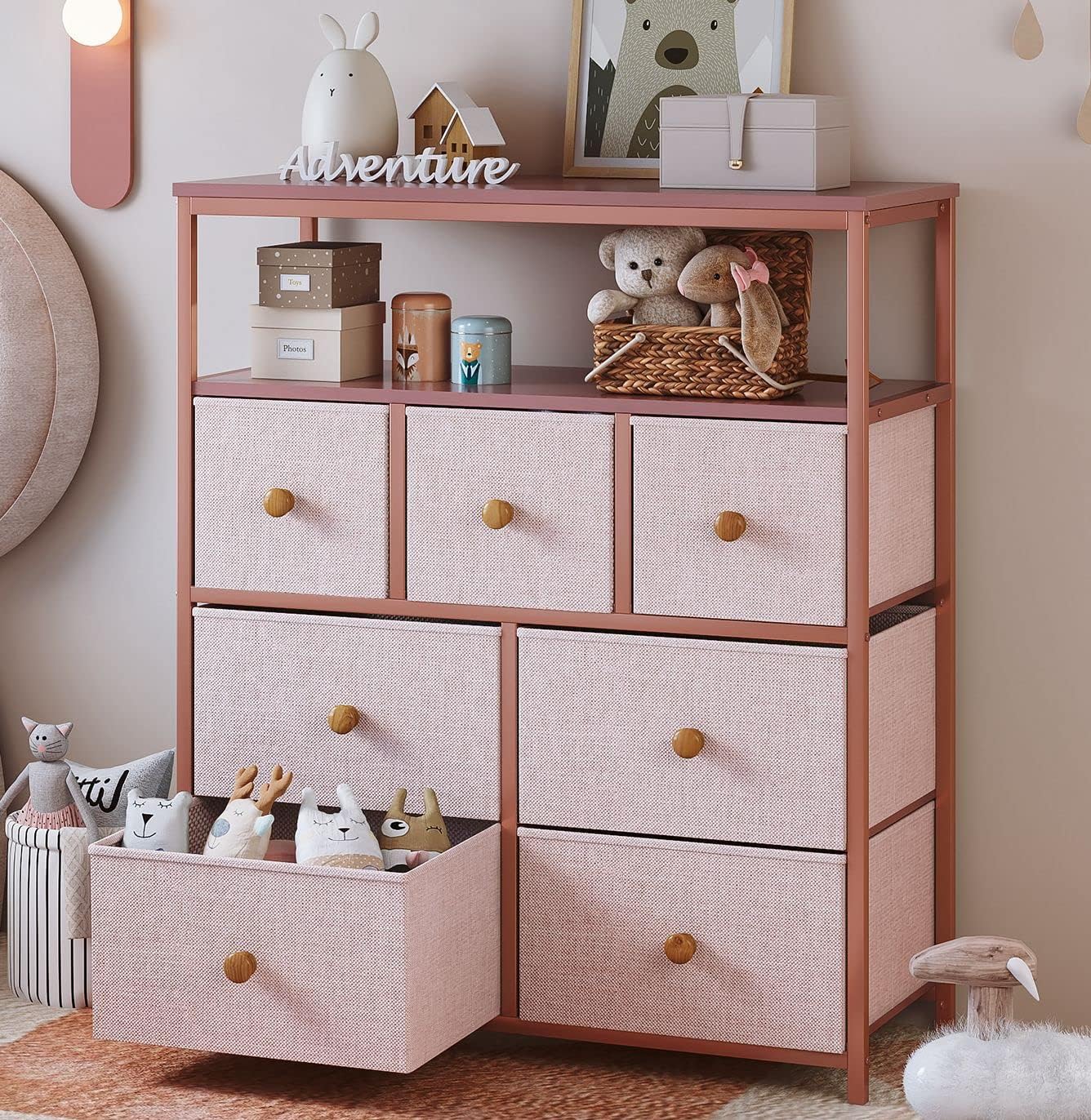 EnHomee Pink Dresser for Bedroom, Dresser for Girls Bedroom with 7 Drawers and 2 Shelves, Pink Dresser with Wooden Top and Metal Frame, Dressers & Chests of Drawers for Girls Bedroom, Closets