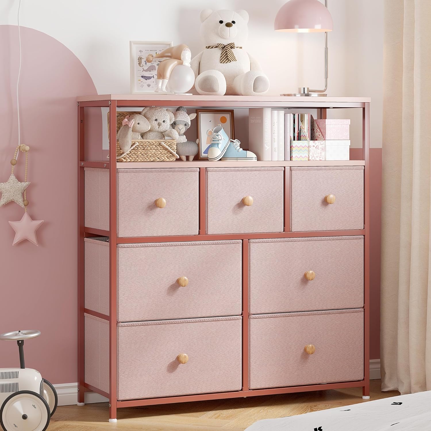 EnHomee Pink Dresser, Dresser for Bedroom with 7 Drawers, Chests of Drawers & Fabric Dresser for Bedroom with Wood Top and Metal Frame, Dresser for Living Room, Closet, Entryway