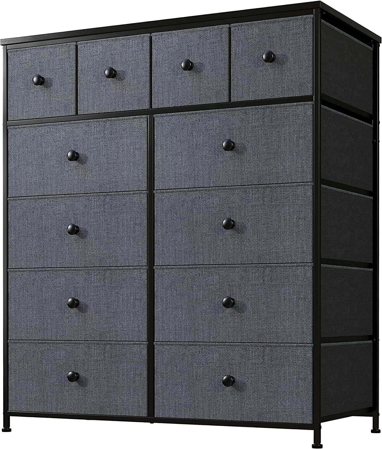 EnHomee Dresser for Bedroom with 12 Drawers Chest of Drawers for Clothes, Metal Frame & Wood Top Fabric Tall Dessers for Bedroom, Closet, Living Room,12 D x 41 W x 44 H Black Grey