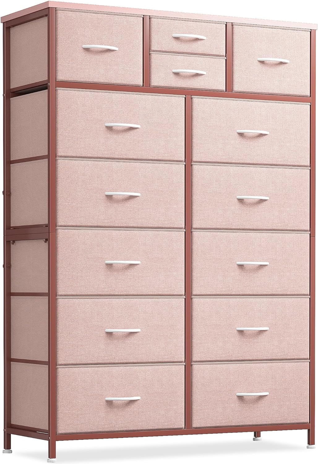 EnHomee Pink Dresser, Tall Dresser with 14 Drawers, Large Bedroom Dressers & Chests of Drawers with Sturdy Metal Frame and Wooden Top, Fabric Dresser for Bedroom, Closet, Living Room, Hallway, Pink