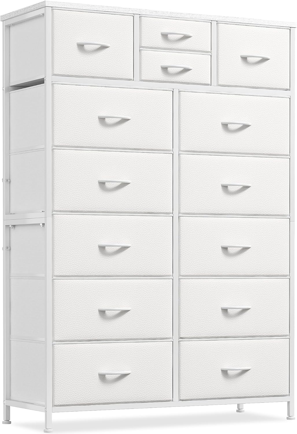 EnHomee White Dresser for Bedroom with 14 Drawers, Tall Dressers for Bedroom with Wooden Top and Metal Frame, Large Fabric Bedroom Dressers & Chest of Drawers for Bedroom, Closet, Livingroom, White