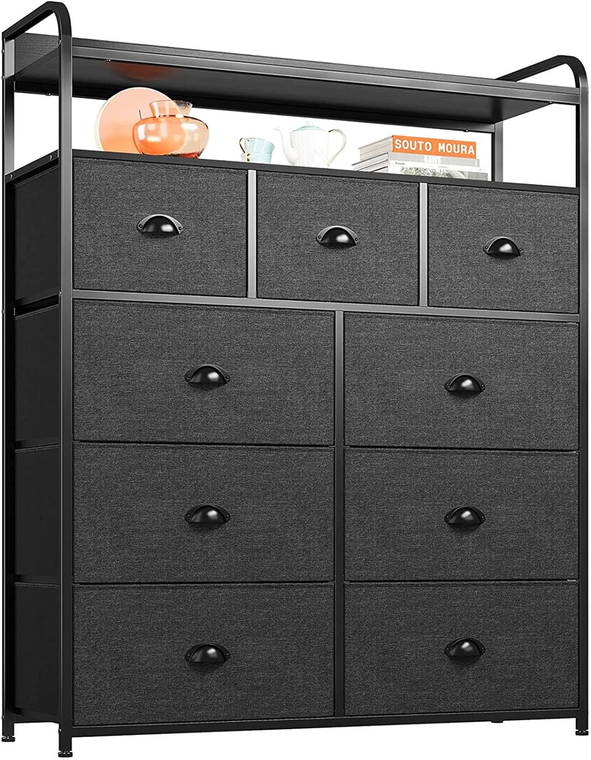 EnHomee Dresser, Dresser for Bedroom with 9 Drawers, Tall Dressers for Bedroom with 2 Open Shelves, Dressers & Chests of Drawers for Bedroom, Sturdy Metal Frame, Large Tall Bedroom Dresser, Black Grey