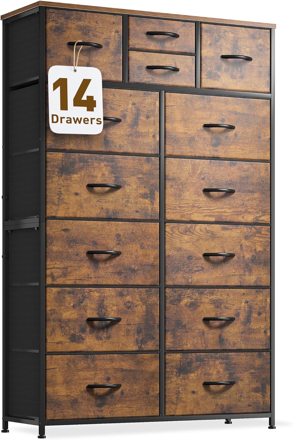 EnHomee 14 Drawer Dresser, Tall Dressers for Bedroom, Large Bedroom Dressers & Chests of Drawers, Sturdy Metal Frame & Wood Top, Easy Assembly, Closet, Living Room, Rustic Brown