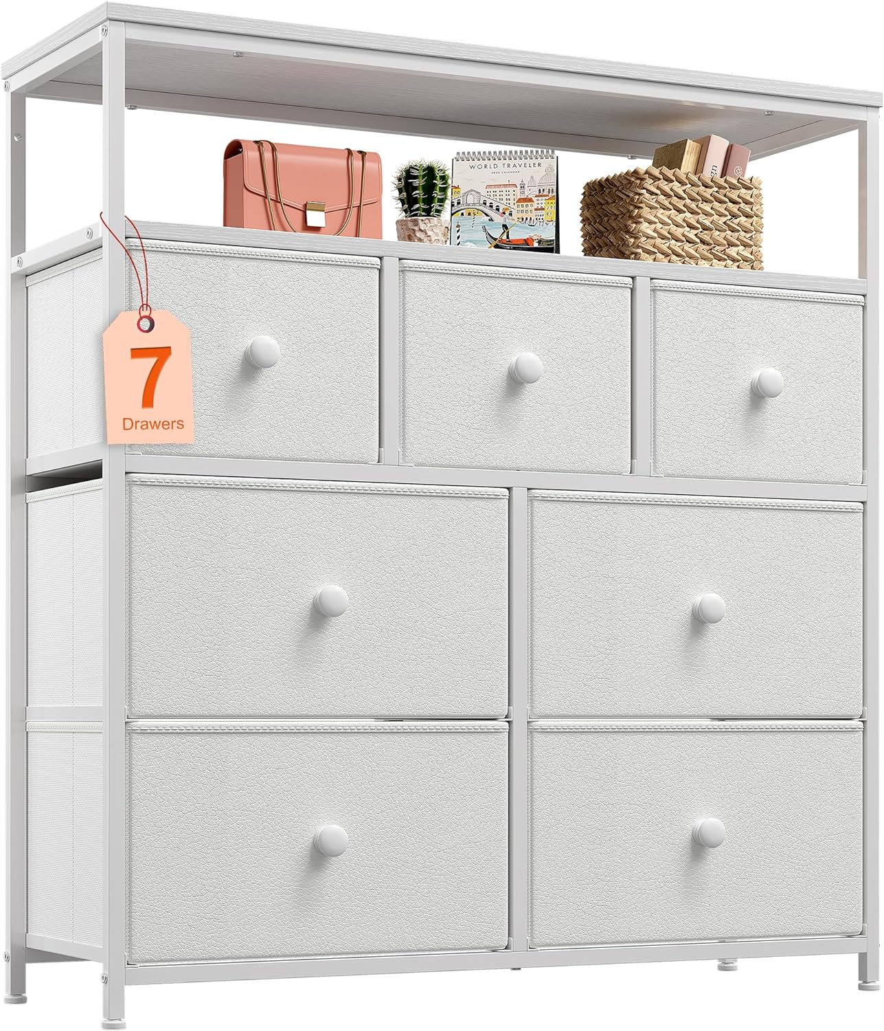 EnHomee White Dresser for Bedroom with 7 Drawers and 2 Shelves, White TV Stand Dresser with Wooden Top and Metal Frame, Tall Dressers & Chest of Drawers for Bedroom, Closets, White