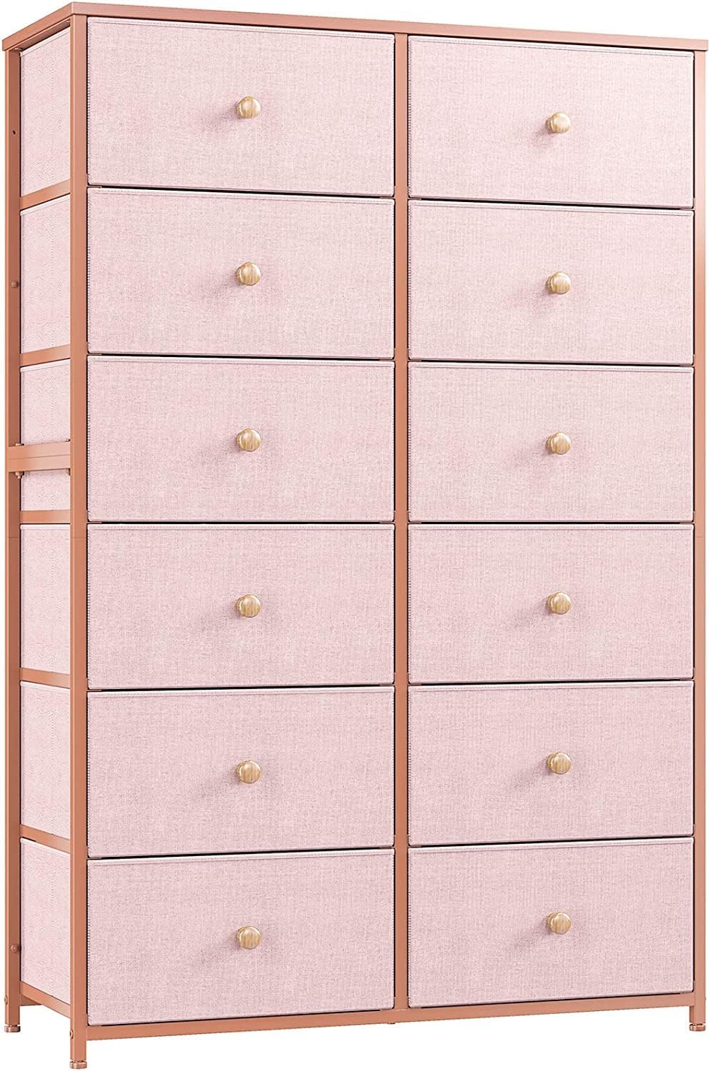 EnHomee Pink Dresser for Bedroom 12 Drawer Dresser with Wooden Top & Metal Frame Tall Dressers for Bedroom Dressers & Chest of Drawers for Bedroom,Closet,35 L x 12 W x 52 H Pink