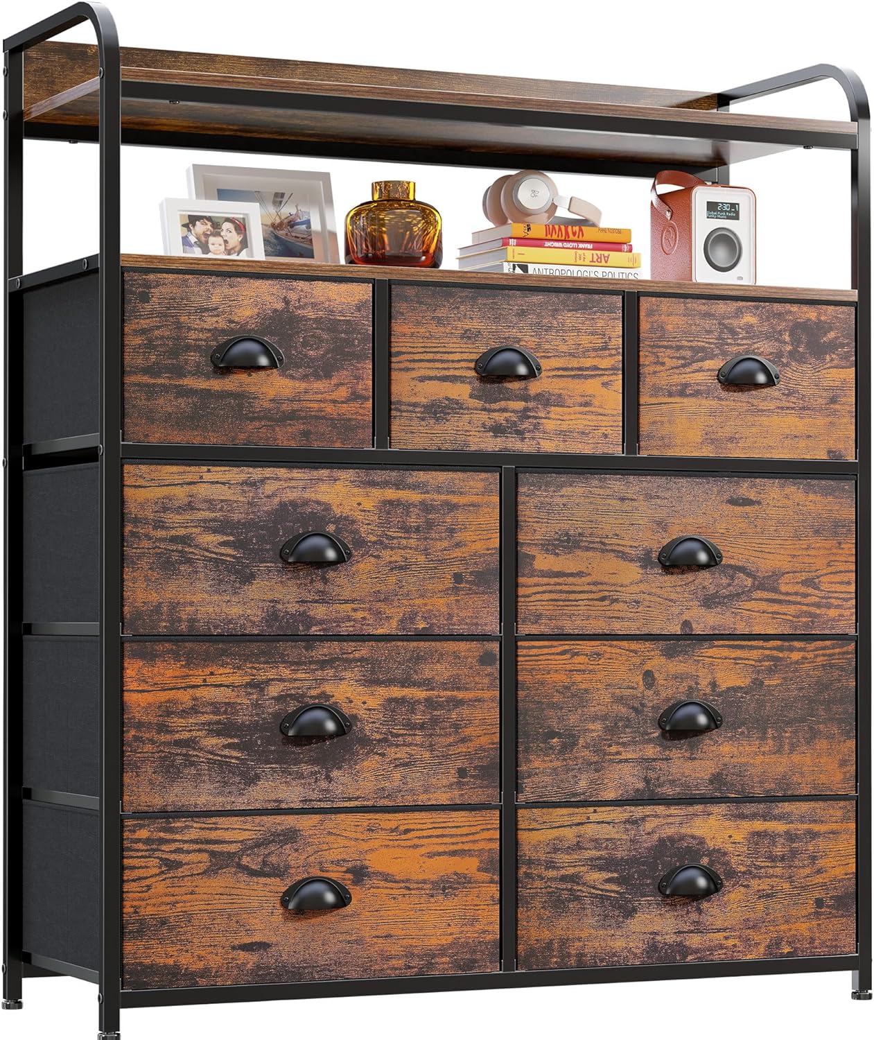 EnHomee Dresser, Tall Dressers for Bedroom with 9 Drawers, Dressers & Chests of Drawers for Bedroom with 2 Open Shelves and Metal Frame, Large Tall Bedroom Dresser for Bedroom, Closet, Rustic Brown