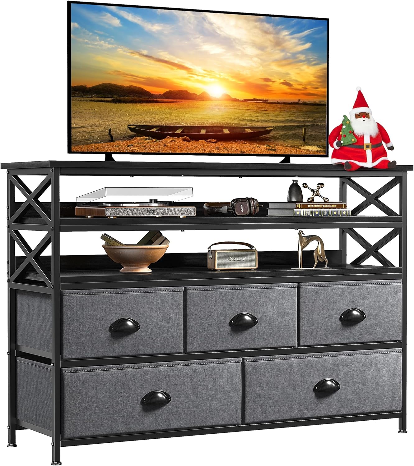 EnHomee Dresser TV Stand for Bedroom Entertainment Center with Fabric Drawers up to 55''TV Media Console Table with Wood Open Shelves Storage Drawer Dresser for Bedroom, Living Room, Entryway, Grey