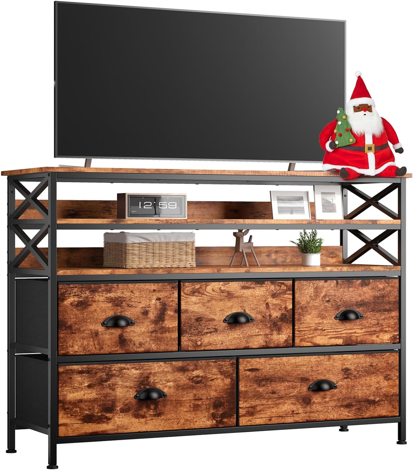 EnHomee Dresser TV Stand Entertainment Center with Fabric Drawers Media Console Table with Wood Open Shelves for 55 TV Storage Drawer Dresser for Bedroom, Living Room, Entryway, Rustic Brown