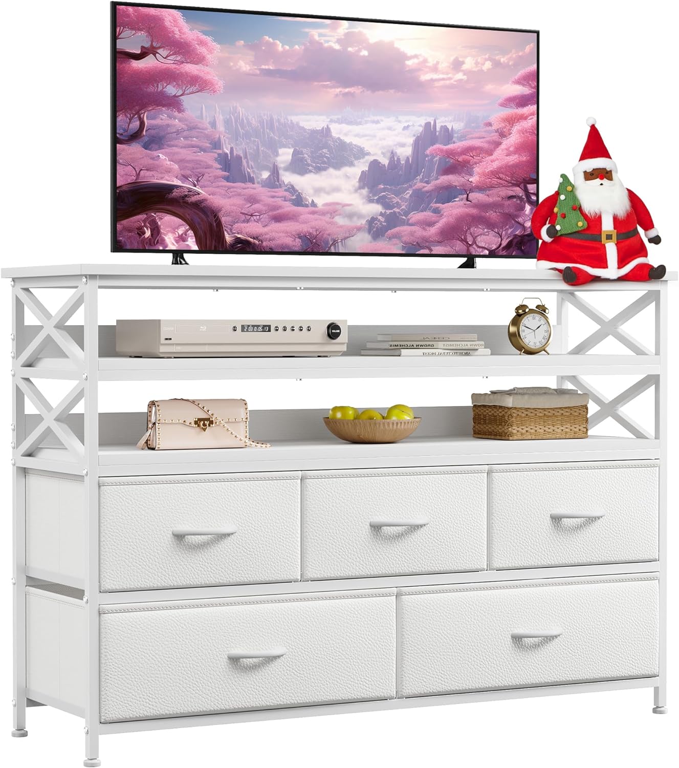 EnHomee Dresser TV Stand for Bedroom Entertainment Center with Drawers for 55''TV Media Console Table with Wood Open Shelves Storage Drawer Dresser for Bedroom, Living Room, Entryway, White