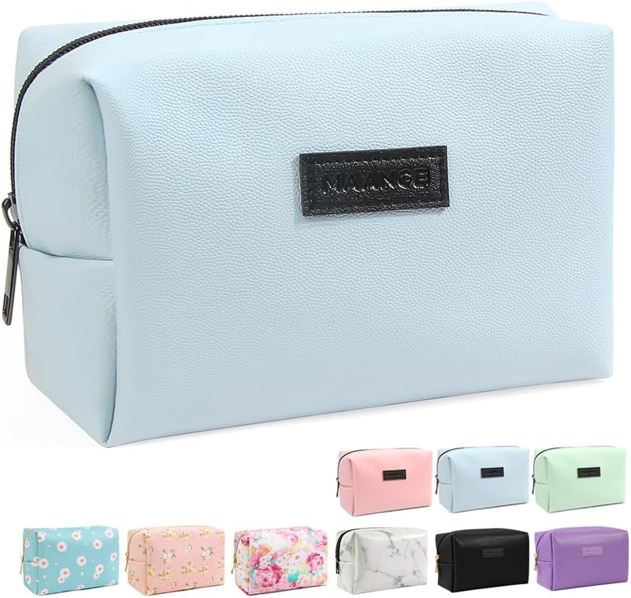 MAANGE Small Makeup Bag For Purse, Travel Cosmetic Bag Makeup Pouch PU Leather Portable Versatile Zipper Pouch For Women (Blue)