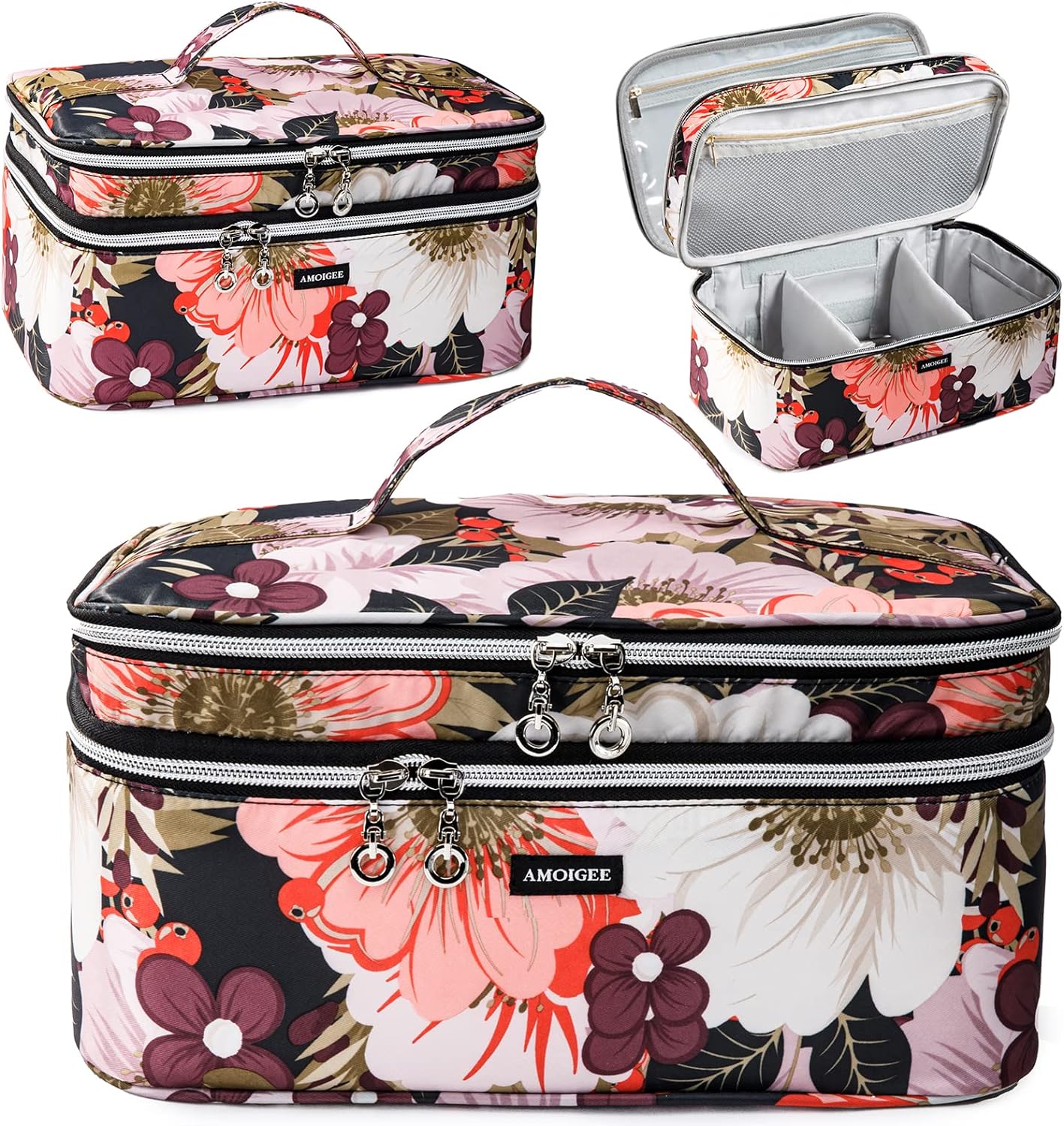 AMOIGEE Large Travel Makeup Bag Organizer, Double Layer Train Case, Toiletry Bag for Makeup Brushes, Full Size Bottles, Palettes Sponge, Cosmetic, Peonnies.