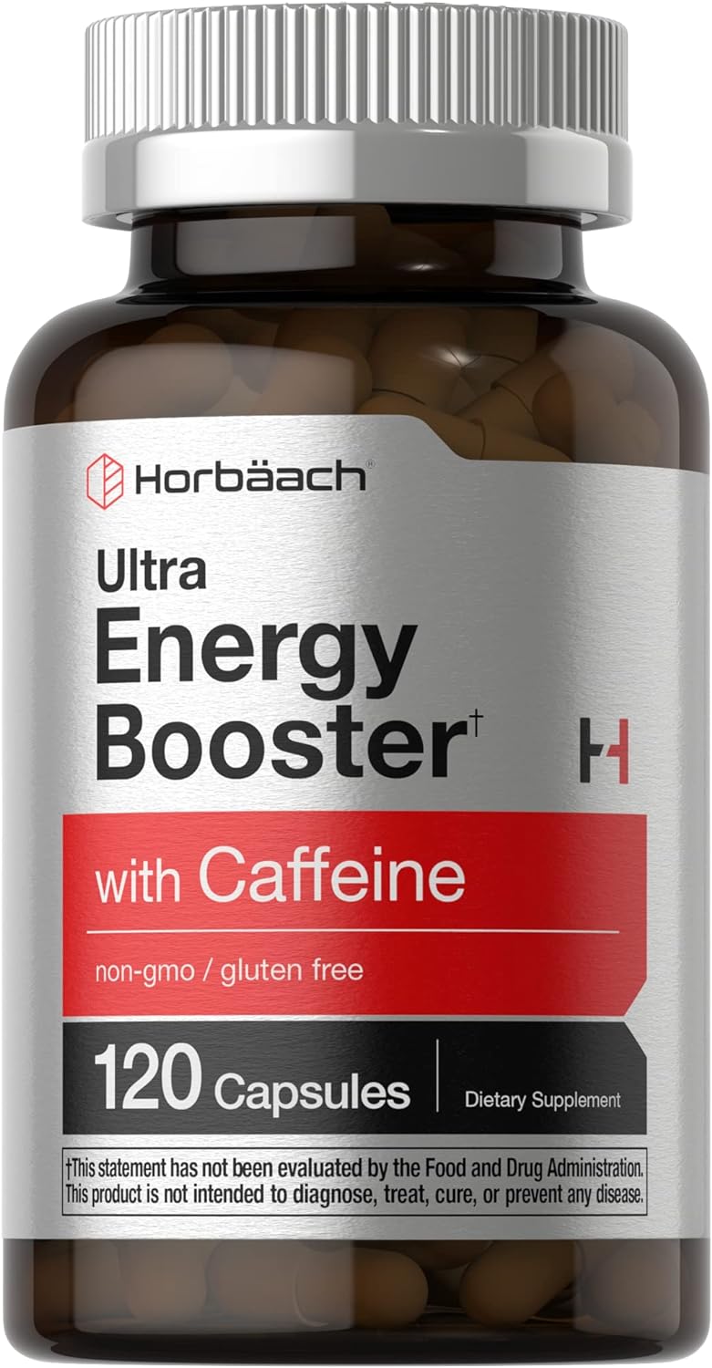 Ultra Energy Supplement | 120 Capsule Pills | with Caffeine & Vitamin B12 | Daily Energy Booster | Non-GMO, Gluten Free | by Horbaach