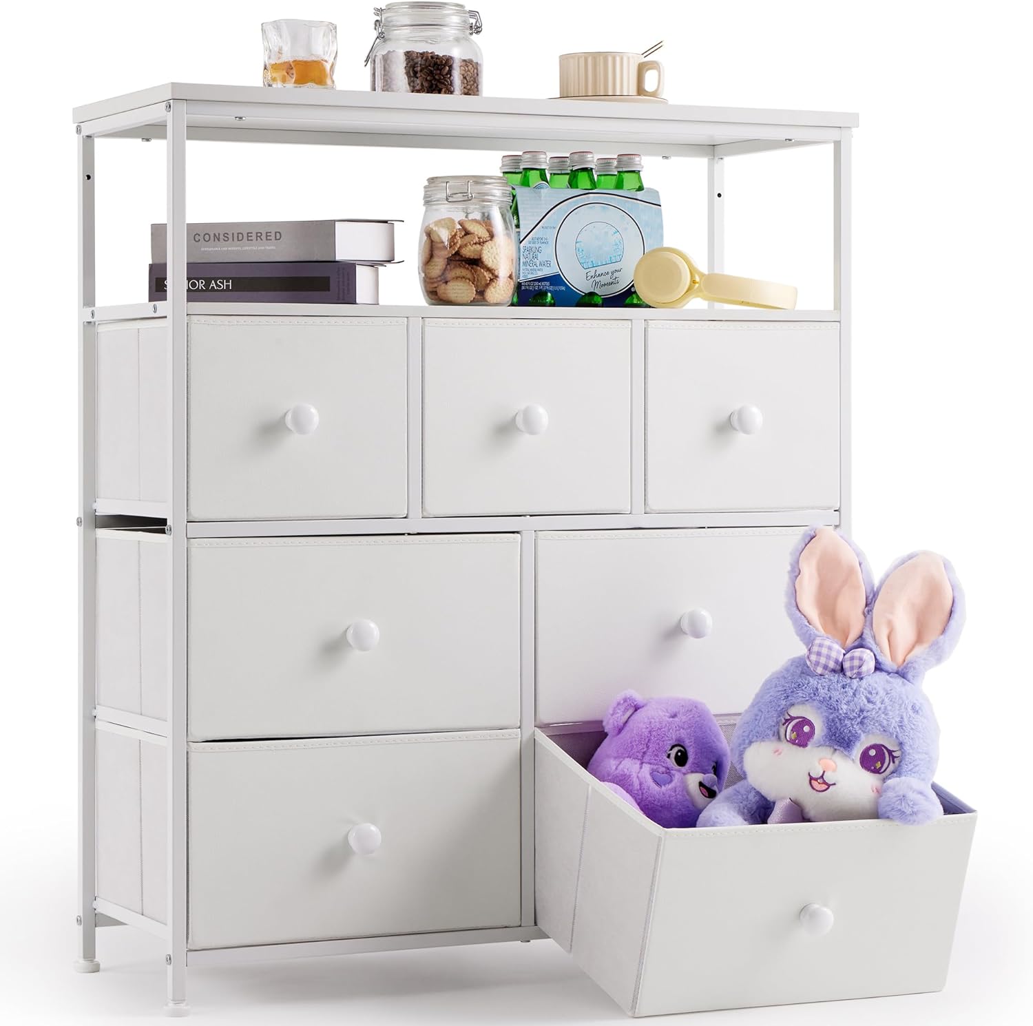 EnHomee White Dresser, Dresser for Bedroom with 7 Drawers, Cute Dresser & Fabric Dresser for Bedroom, Bedroom Dresser with Wood Top and Metal Frame, Closet Dresser for Living Room, Closet, Entryway