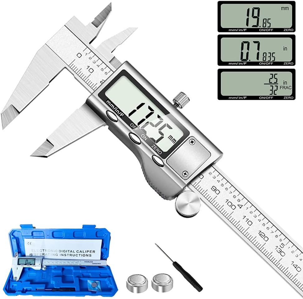 Digital Caliper Measuring Tool, Stainless Steel Vernier Caliper Digital Micrometer with Large LCD Screen, Easy Switch from Inch Metric Fraction, 6 Inch Caliper Tool for DIY/Household