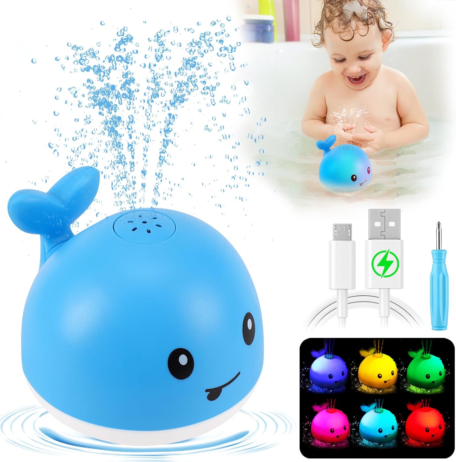 Gigilli Baby Bath Toys Easter Gifts, Rechargeable Whale Baby Toys, Light Up Bath Toys Sprinkler, Pool Bathtub Toys for Toddlers Infants Kids, Spray Water Baby Easter Day Birthday Shower Gifts