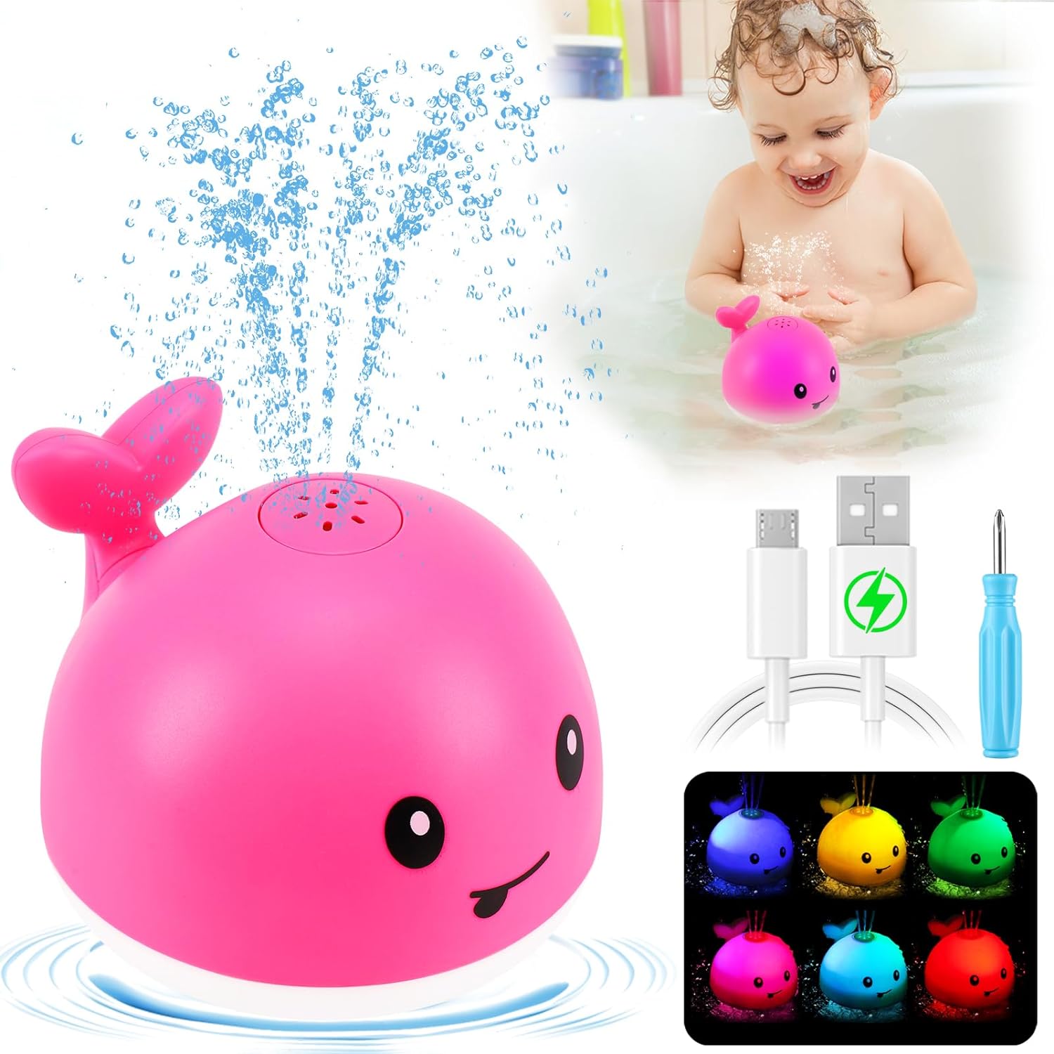 Gigilli Baby Bath Toys Easter Gifts, Rechargeable Whale Baby Toys, Light Up Bath Toys Sprinkler, Pool Bathtub Toys for Toddlers Infants Kids, Spray Water Baby Easter Day Birthday Shower Gifts