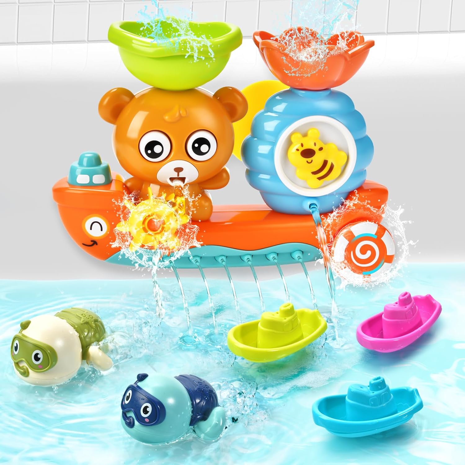 Baby Bath Toys Toddlers 1-3 Bear Kids Bath Tub Toys with 2 Turtle Swimming Wind up Water Toys & 3 Floating Boat Bathtub Toys for Infants Boys Girls 18  Months Gifts Box Set