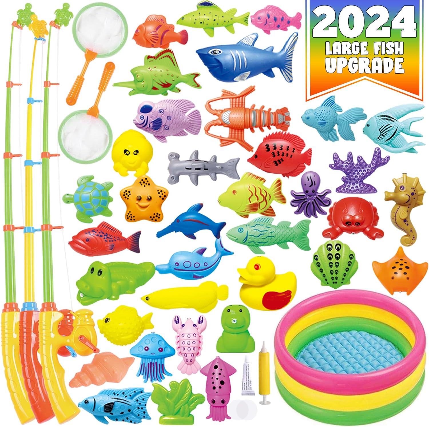 CozyBomB Magnetic Fishing Toys Game Set for Kids | Water Table Bathtub Kiddie Pool Party with Pole Rod Net, Plastic Floating Fish-Toddler Color Ocean Sea Animals Age 3 4 5 6 Year