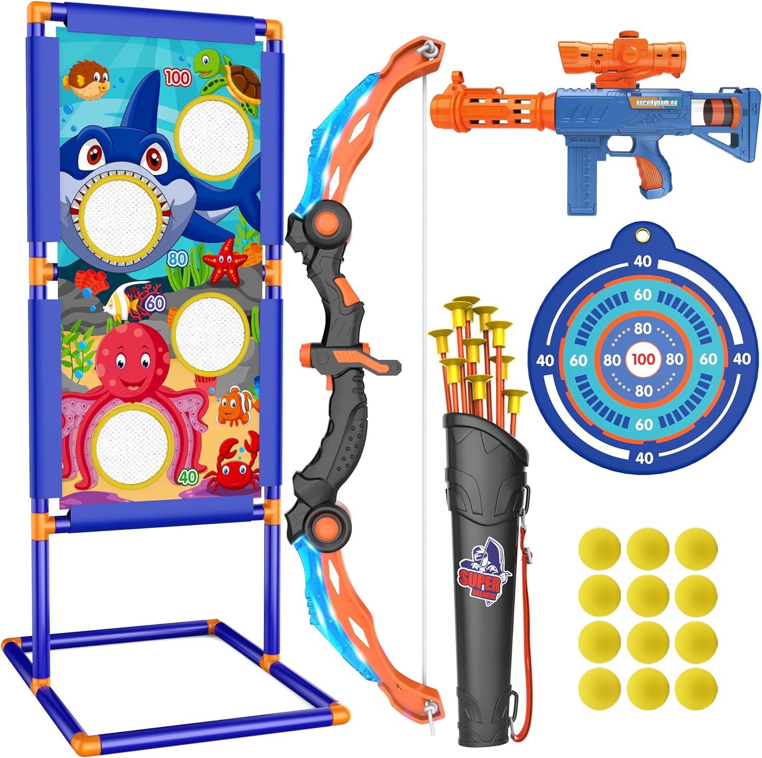 KKONES Kids Bow and Arrow Set, 2 in 1 Shooting Game Toy, LED Light Up Archery Toy Set with Bow & Air Gun, Foam Balls, Suction Cup Arrows, Target, Quiver, Indoor Outdoor Toys for Kids Boys Girls Gifts