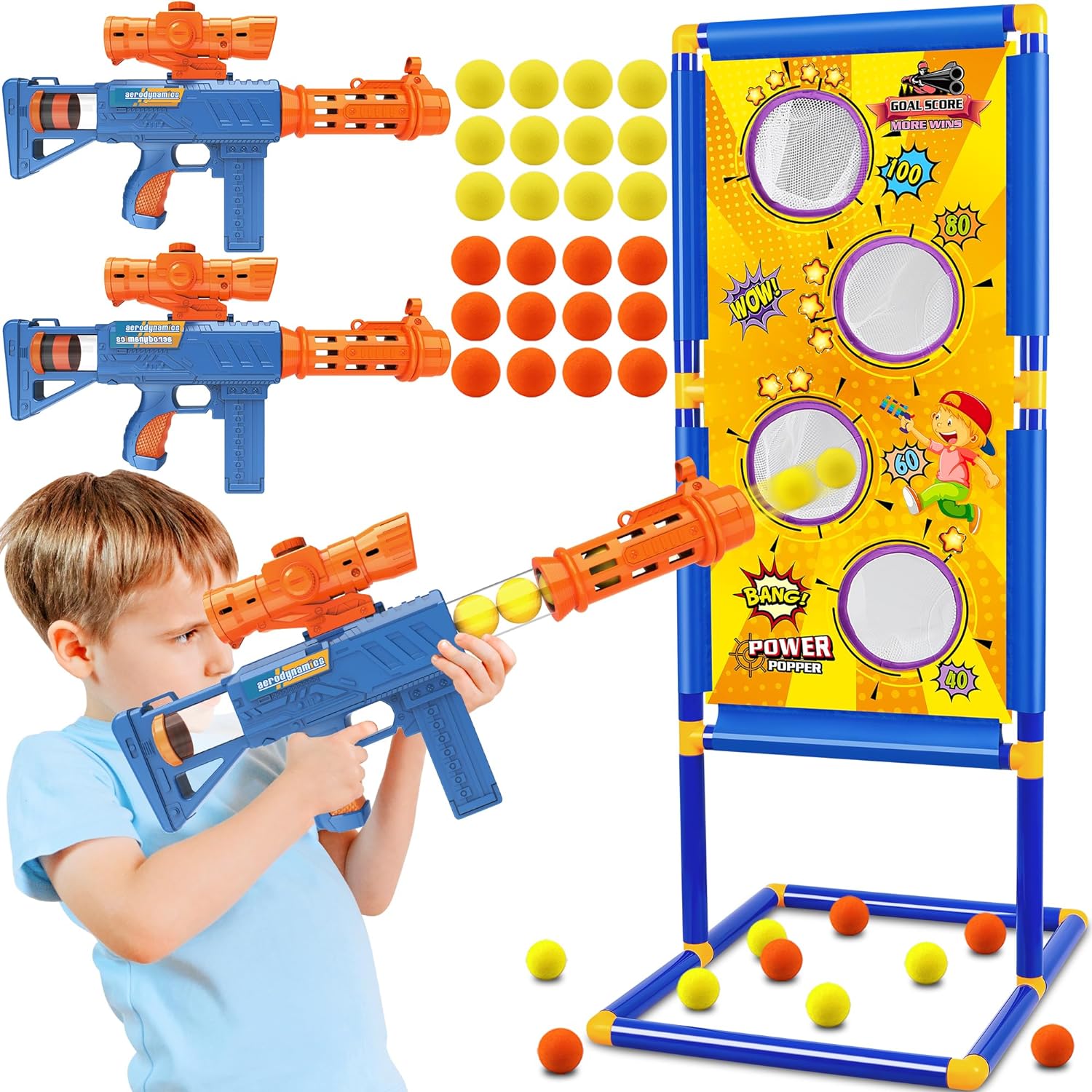 Shooting Game Toy for Boys - 2 Player Toy Foam Blaster Air Guns, 24 Foam Bullet Balls Popper & Standing Shooting Target, Birthday Gifts for Age 3 4 5 6 7 8 9 10-12 Years Old Kids, Girls