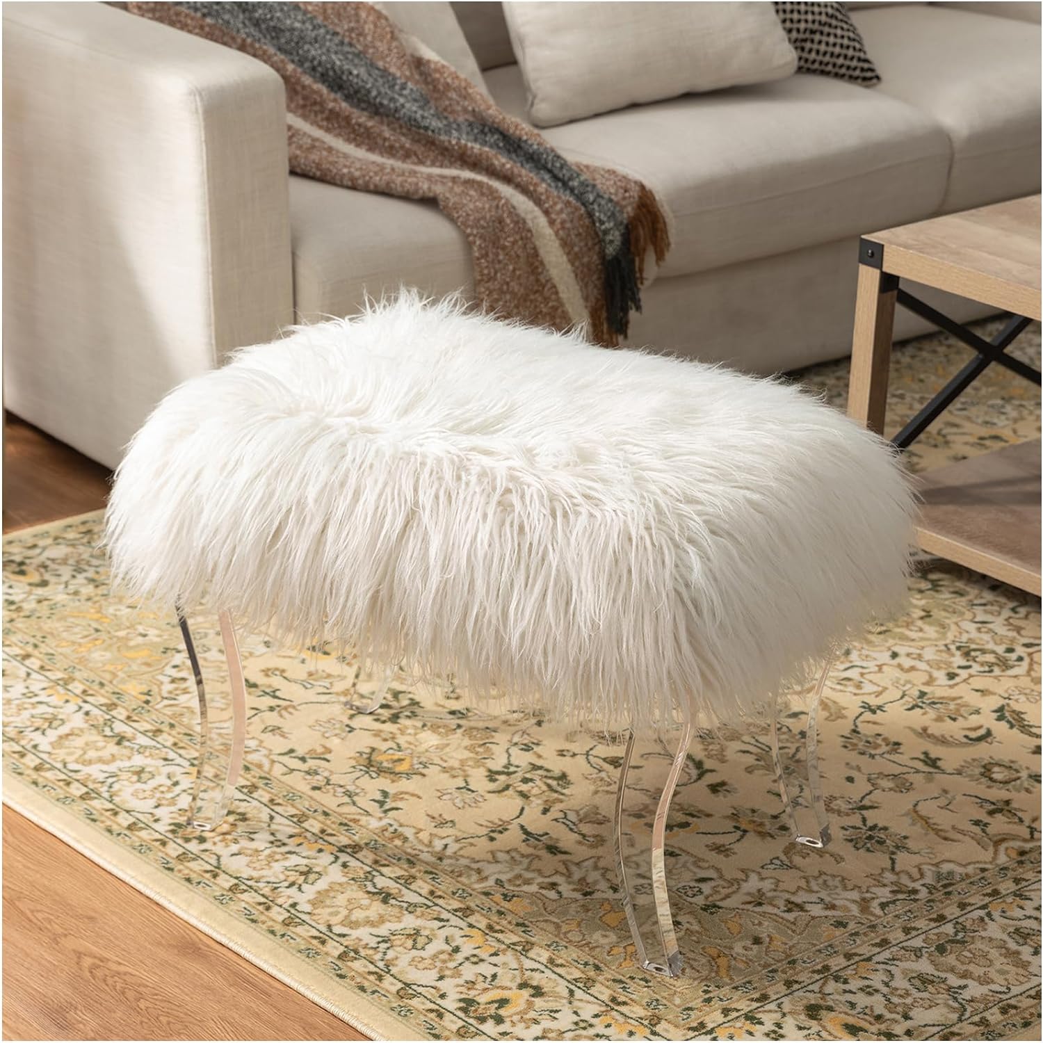 glitzhome Modern Style White Faux Fur Ottoman Footrest Stool Vanity Stool with Acrylic Legs Accent Bench for Bedroom