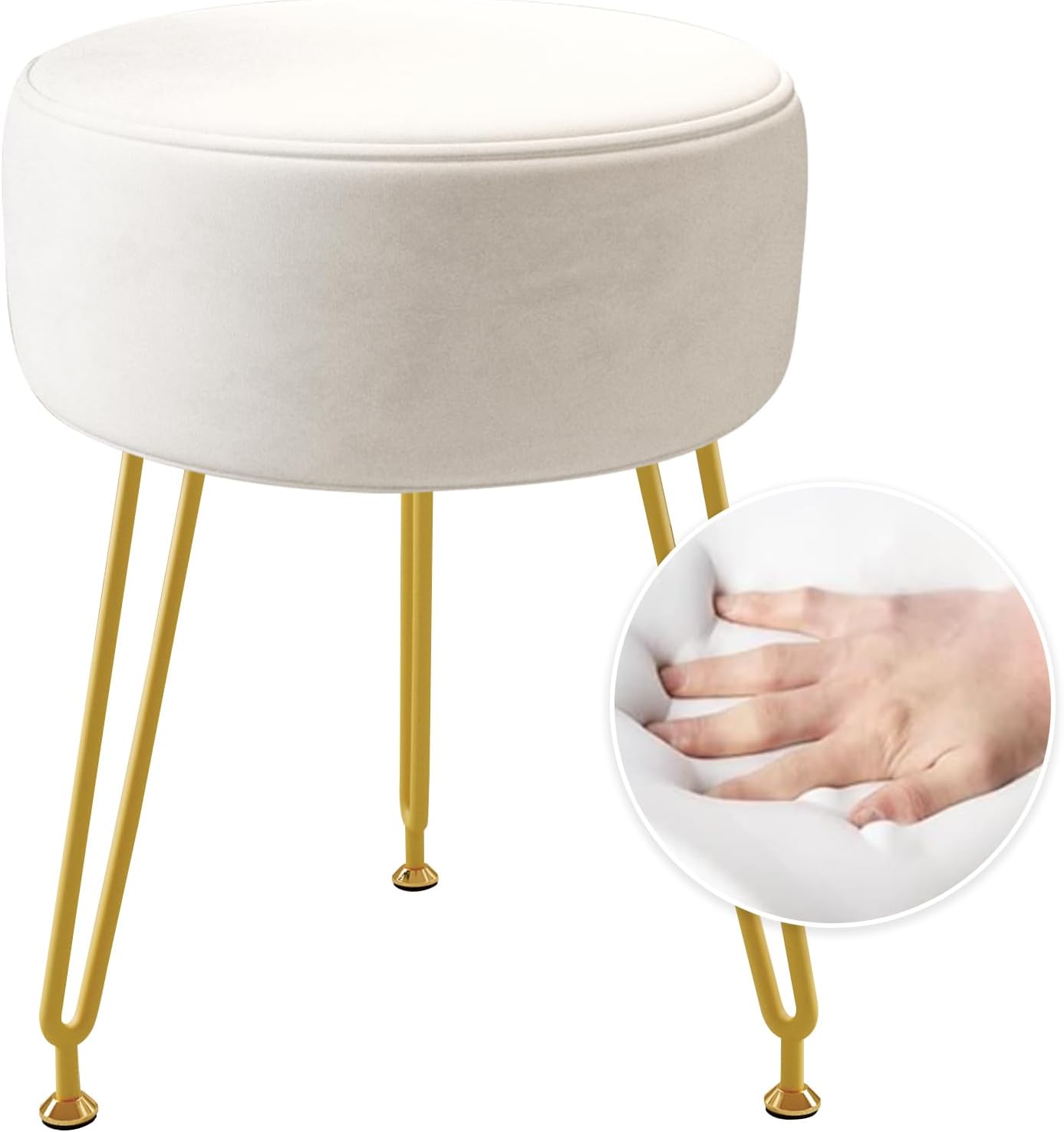 Ottoman Velvet Vanity Stool - Stool for BedroomSuper Soft Padded Comfy Chair for Small Spaces, Footrest 3 Metal Legs with Anti-Slip FeetVanity Chair for Makeup Room,Living Room,Bathroom,Dormroom