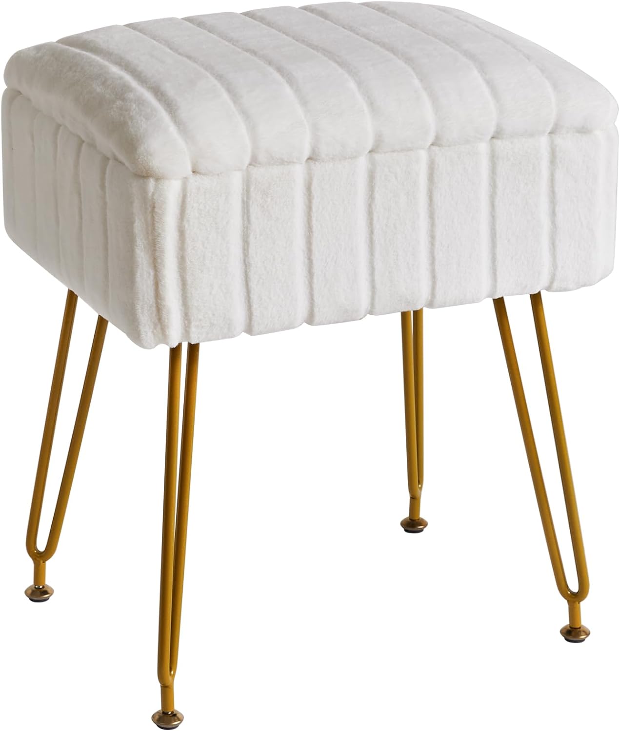 IBUYKE Stool Chair with Storage Space, Footrest Footstool Ottoman, Small Side Table, with 4 Metal Legs, with Anti-Slip Feet, for Makeup Room, Bedroom, White, Faux Fur LG-50W