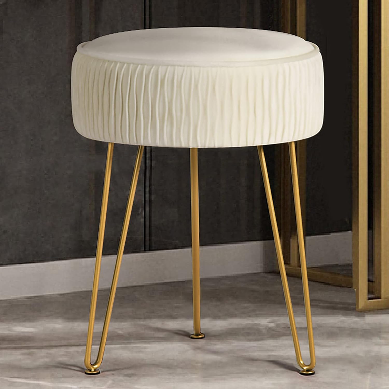 Vanity Stool for Makeup Room Bedroom, Modern Multifunctional Vanity Stools Chair Round Ottoman Velvet Upholstered Seated Foot Rest Dressing Stool with Golden Leg, Side Table End Table,Beige