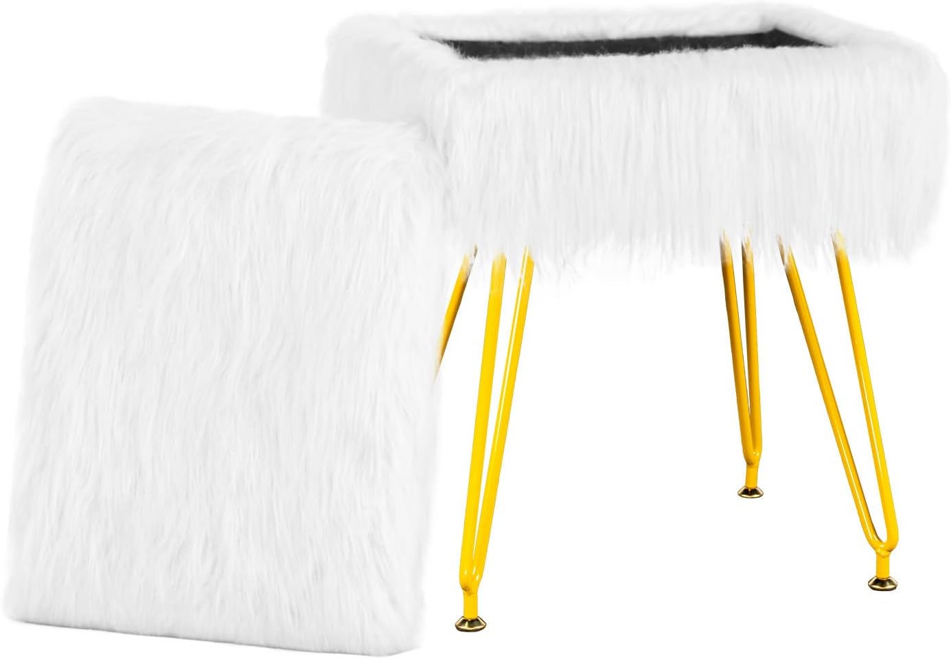 Multifunctional Vanity Stool Chair for Vanity, Padded Seat, Storage Ottoman in Rectangle Fuzzy Fluffy Design, Soft Footrest with 4 Gold Legs for Makeup Room, Bedroom, Living Room, White