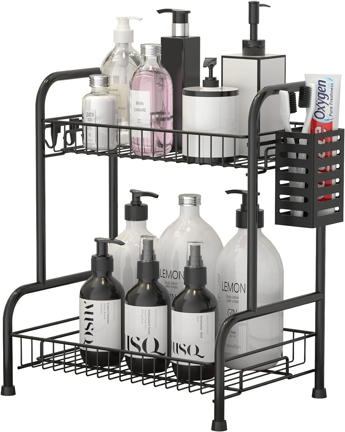 Bathroom Counter Organizer Rack with Toiletries Basket,Two Tier Bathroom Organizer,Corner Storage Organizing Caddy Stand for Bathroom Vanity Countertops,Metal Wire Mesh Holder Black