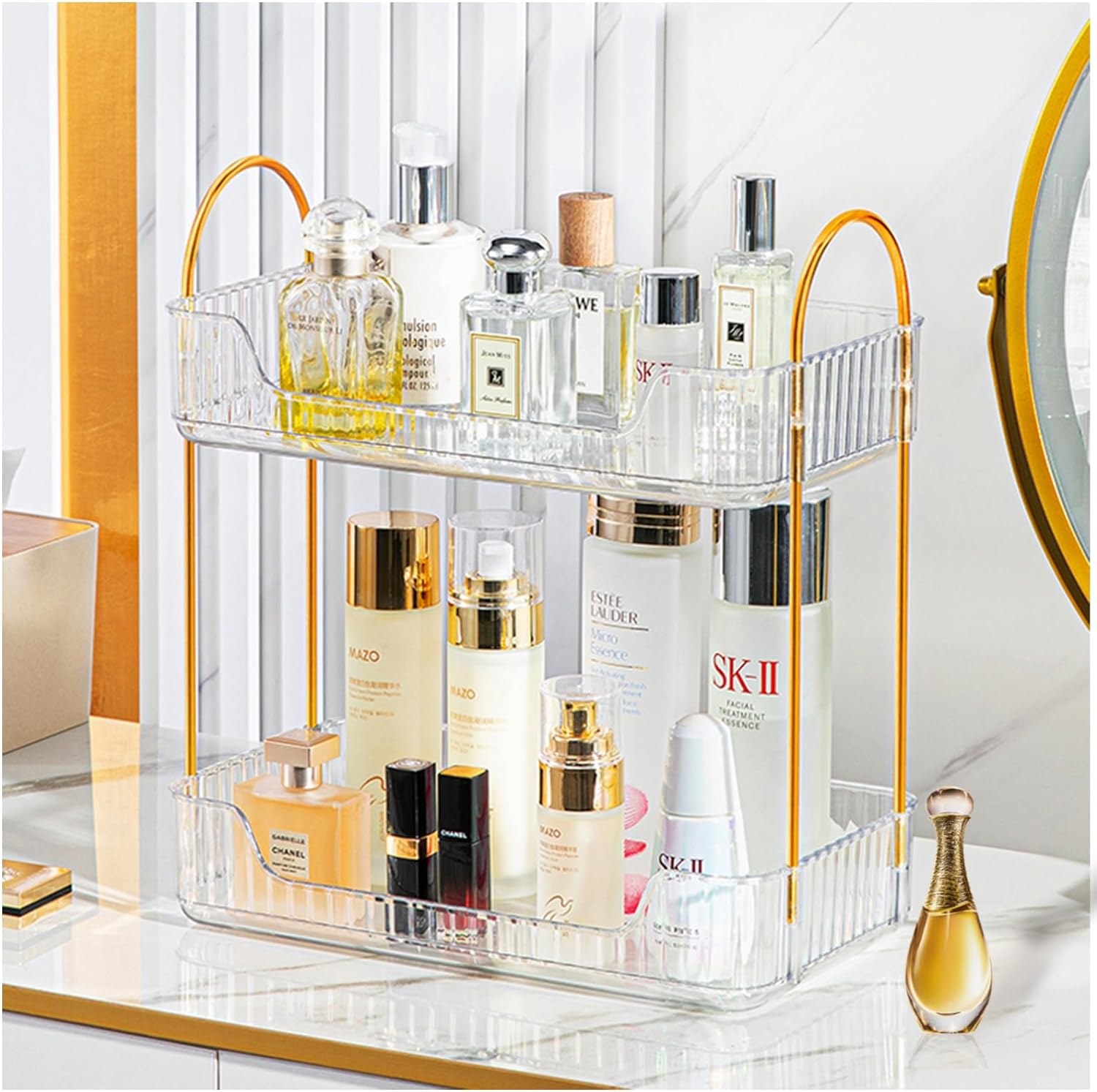 Bathroom Counter Organizer Countertop Storage, Cosmetics Skincare Shelf Organizer, Makeup Organizer Perfume for Dresser Vanity Tray, Spice Rack Organizer for Kitchen(2 Tier-Clear)